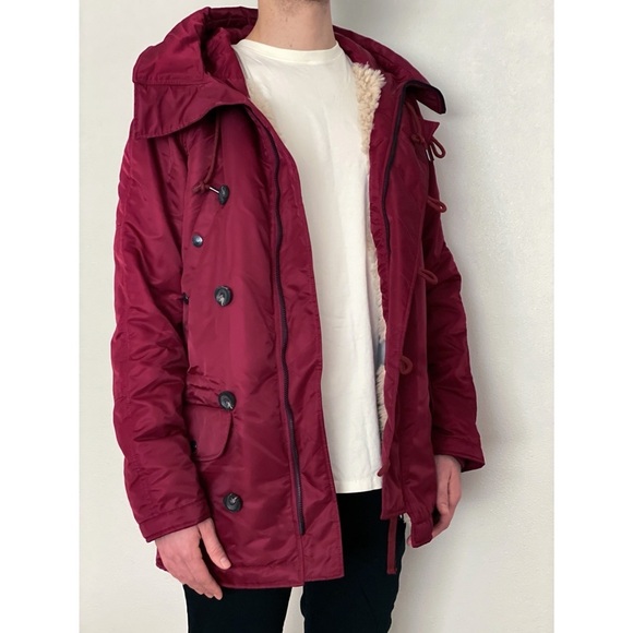 NEW True Religion Parka Fur Sherpa Zip Button Winter Jacket Hooded Coat Maroon - Picture 2 of 10